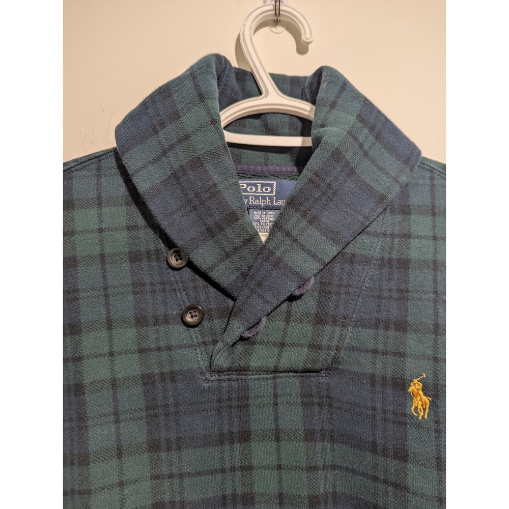 Vintage Mens Polo Ralph Lauren Shawl Collar Sweater Blue Green‎ Plaid Size Small - Picture 2 of 6